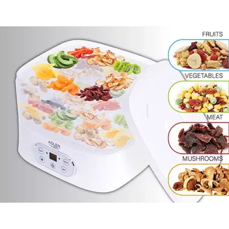 Food dehydrator Adler AD 6658, 5 trays, LCD timer 70h, 35–70°C, 230W (max 550W), white