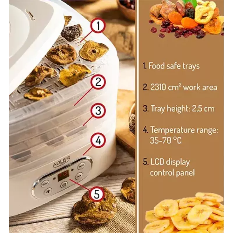 Food dehydrator Adler AD 6658, 5 trays, LCD timer 70h, 35–70°C, 230W (max 550W), white