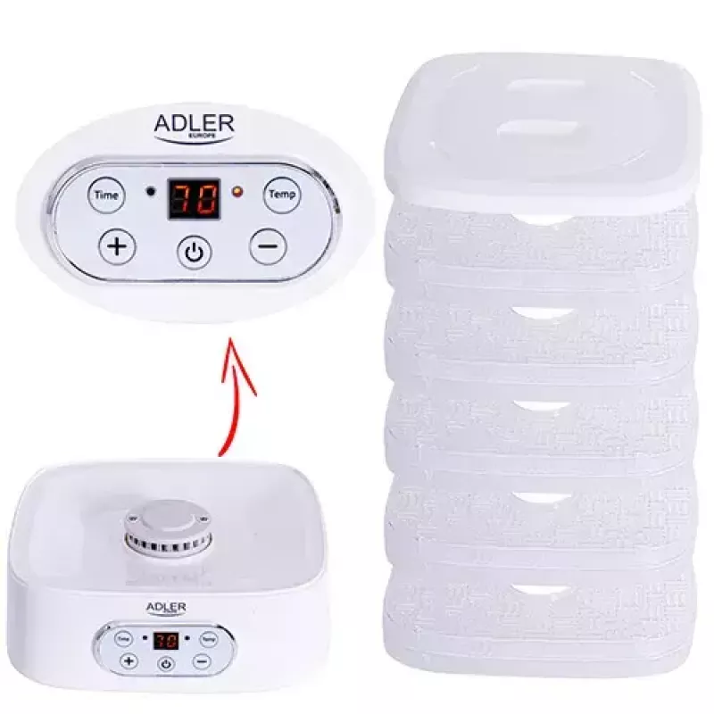 Food dehydrator Adler AD 6658, 5 trays, LCD timer 70h, 35–70°C, 230W (max 550W), white