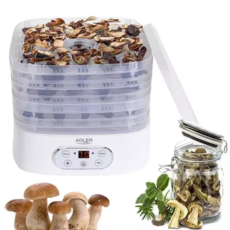 Food dehydrator Adler AD 6658, 5 trays, LCD timer 70h, 35–70°C, 230W (max 550W), white
