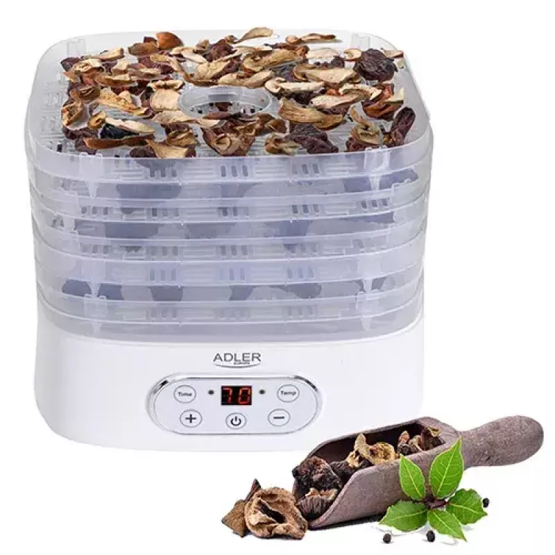 Food dehydrator Adler AD 6658, 5 trays, LCD timer 70h, 35–70°C, 230W (max 550W), white