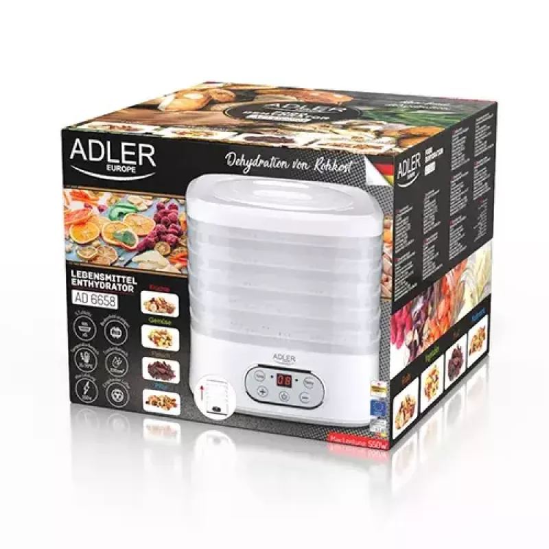 Food dehydrator Adler AD 6658, 5 trays, LCD timer 70h, 35–70°C, 230W (max 550W), white