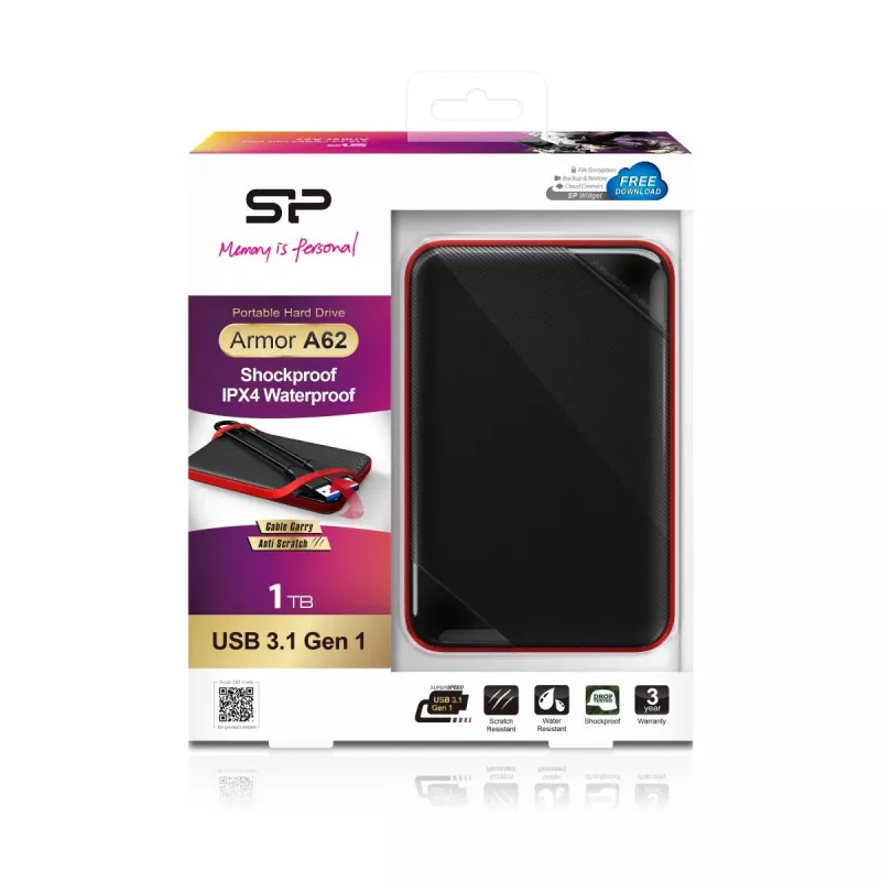 SILICON POWER Portable HDD USB 3.2 Gen 1 Armor - A62 1TB Black Moq-36