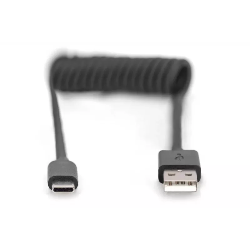Digitus USB 2.0 USB A to USB C Spiral Cable 1m 0.48 Gbit/s Black