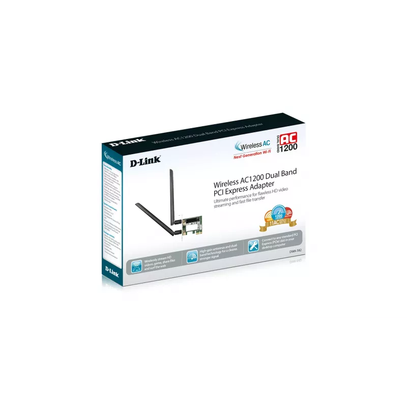 D-Link Wireless AC1200 DualBand PCIe Adapter, Internal, Wired, PCI Express, WLAN, Wi-Fi 4 (802.11n), 867 Mbit/s