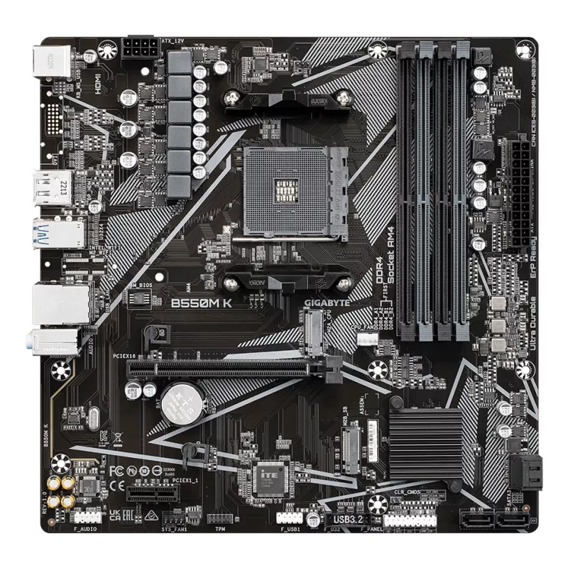 GIGABYTE B550M K Motherboard - AMD Ryzen 5000 CPUs, up to 4733MHz DDR4, 1xPCIe 4.0 + 1xPCIe 3.0 M.2, 1GbE LAN, USB 3.2 Gen 1