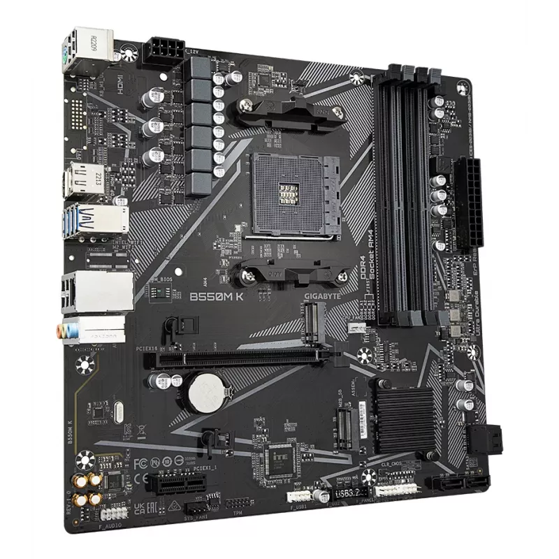 GIGABYTE B550M K Motherboard - AMD Ryzen 5000 CPUs, up to 4733MHz DDR4, 1xPCIe 4.0 + 1xPCIe 3.0 M.2, 1GbE LAN, USB 3.2 Gen 1