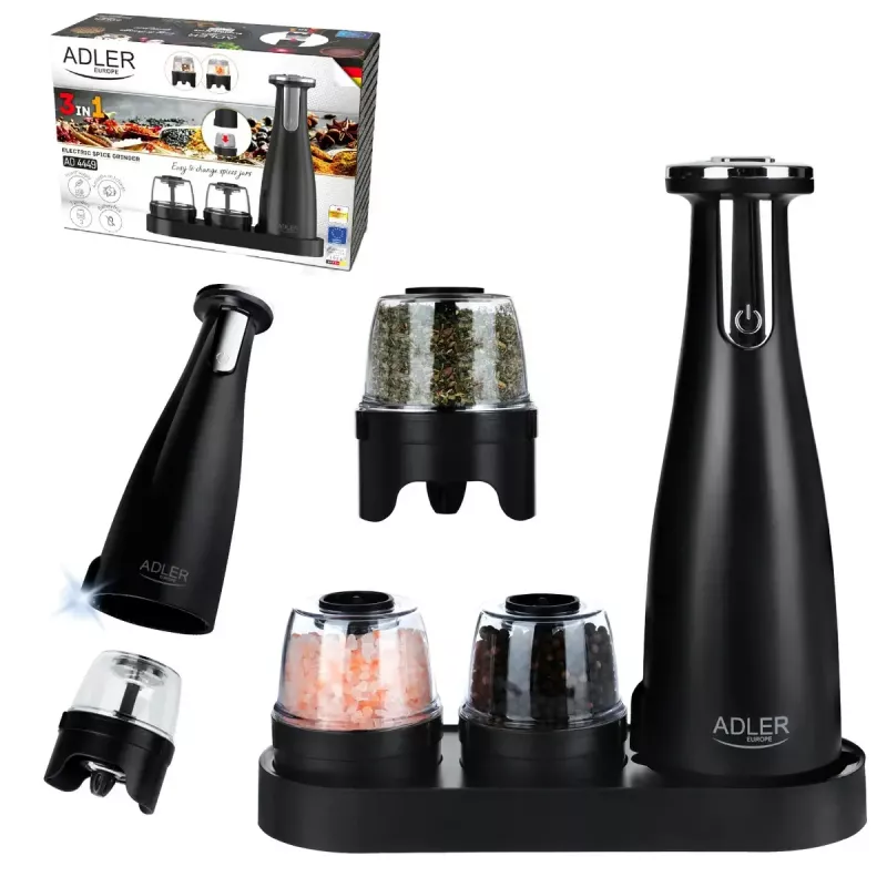 Salt & pepper grinder set Adler AD 4449B — stainless steel/black, 150 ml capacity, lithium battery, 80×80×263 mm
