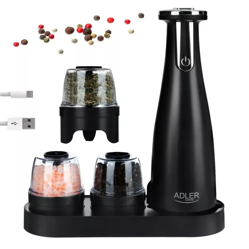Salt & pepper grinder set Adler AD 4449B — stainless steel/black, 150 ml capacity, lithium battery, 80×80×263 mm