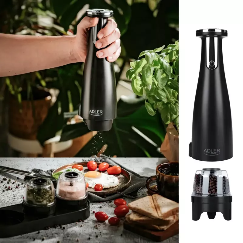 Salt & pepper grinder set Adler AD 4449B — stainless steel/black, 150 ml capacity, lithium battery, 80×80×263 mm