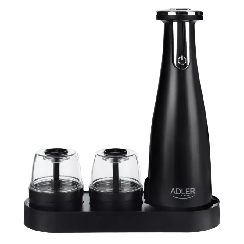 Salt & pepper grinder set Adler AD 4449B — stainless steel/black, 150 ml capacity, lithium battery, 80×80×263 mm