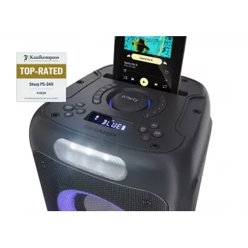 Party speaker Sharp PS-949 — 2.1 channels, 132 W PMPO, 8 inch woofer, Bluetooth A2DP/AVRCP, wired & wireless, black, plastic housing