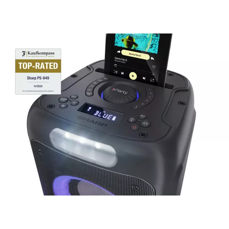Party speaker Sharp PS-949 — 2.1 channels, 132 W PMPO, 8 inch woofer, Bluetooth A2DP/AVRCP, wired & wireless, black, plastic housing