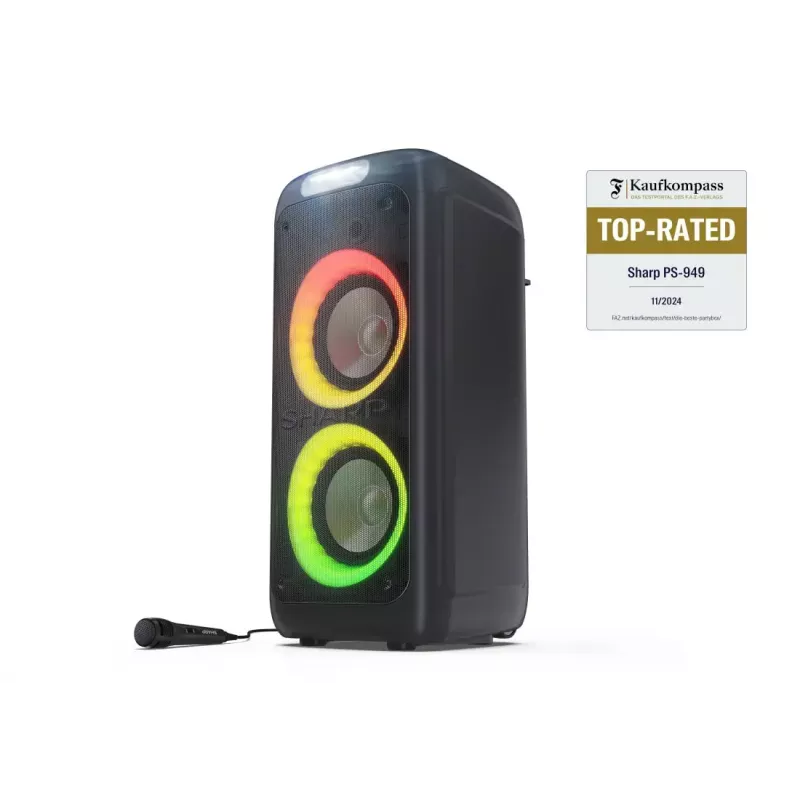 Party speaker Sharp PS-949 — 2.1 channels, 132 W PMPO, 8 inch woofer, Bluetooth A2DP/AVRCP, wired & wireless, black, plastic housing