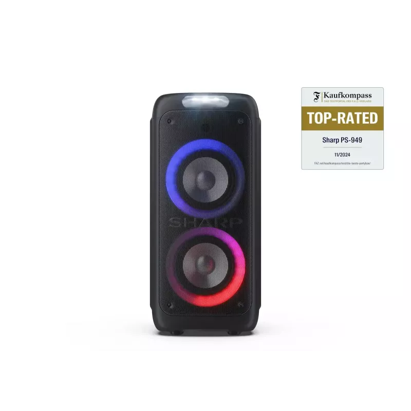 Party speaker Sharp PS-949 — 2.1 channels, 132 W PMPO, 8 inch woofer, Bluetooth A2DP/AVRCP, wired & wireless, black, plastic housing