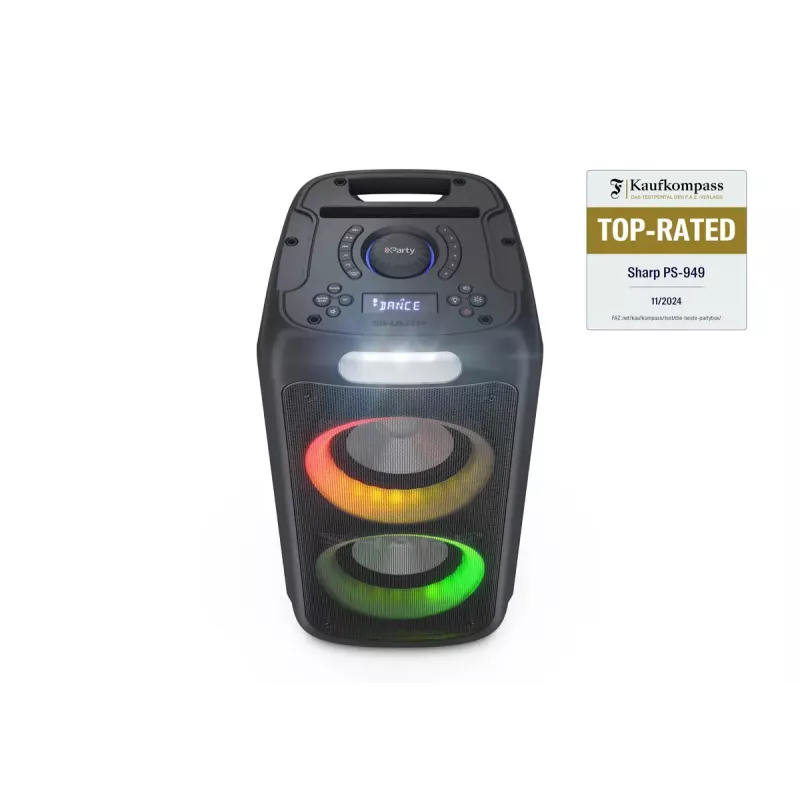 Party speaker Sharp PS-949 — 2.1 channels, 132 W PMPO, 8 inch woofer, Bluetooth A2DP/AVRCP, wired & wireless, black, plastic housing