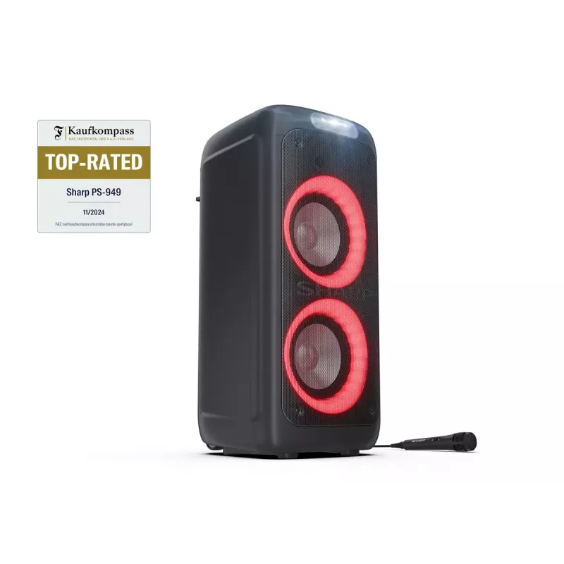 Party speaker Sharp PS-949 — 2.1 channels, 132 W PMPO, 8 inch woofer, Bluetooth A2DP/AVRCP, wired & wireless, black, plastic housing