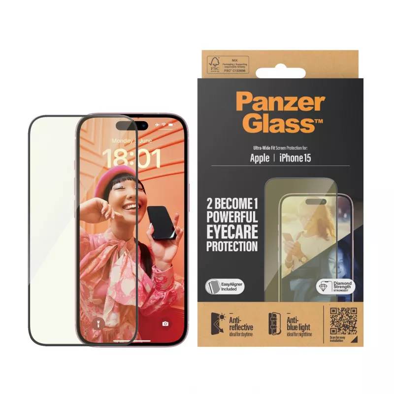 PanzerGlass ® EyeCARE™ Screen Protection iPhone 15 | Ultra-Wide Fit w. EasyAligner