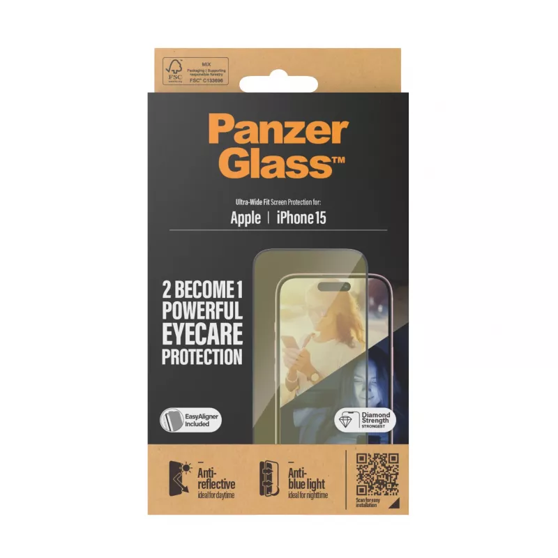 PanzerGlass ® EyeCARE™ Screen Protection iPhone 15 | Ultra-Wide Fit w. EasyAligner