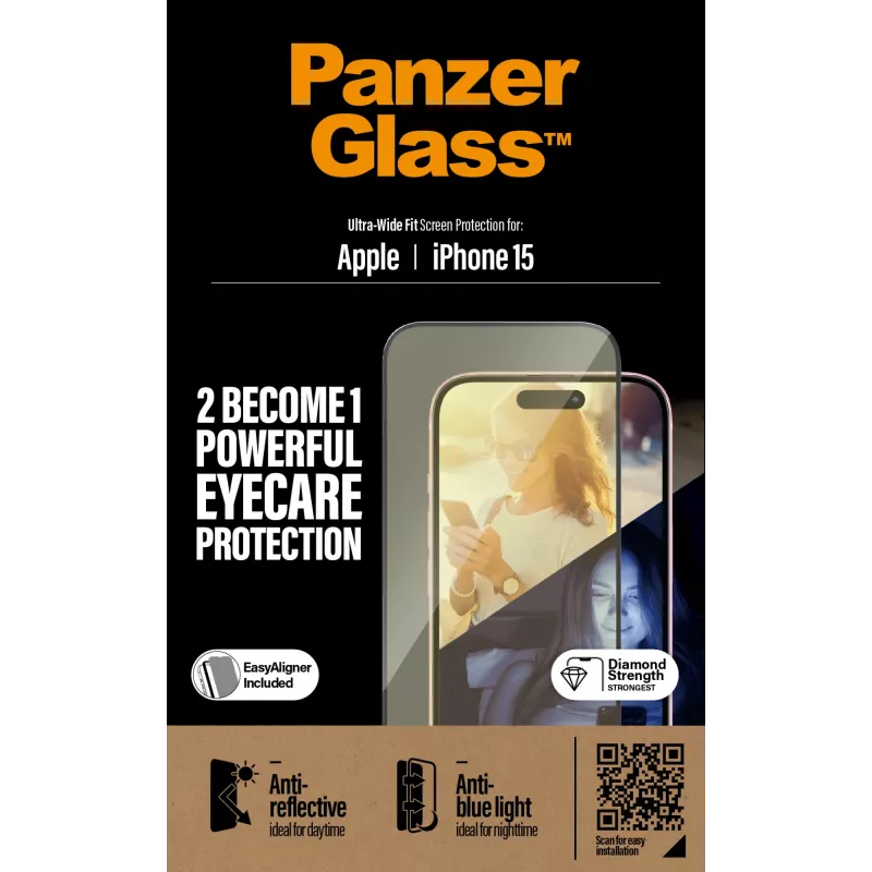 PanzerGlass ® EyeCARE™ Screen Protection iPhone 15 | Ultra-Wide Fit w. EasyAligner