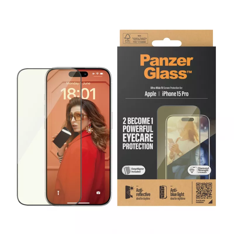 PanzerGlass ® EyeCARE™ Screen Protection iPhone 15 Pro | Ultra-Wide Fit w. EasyAligner