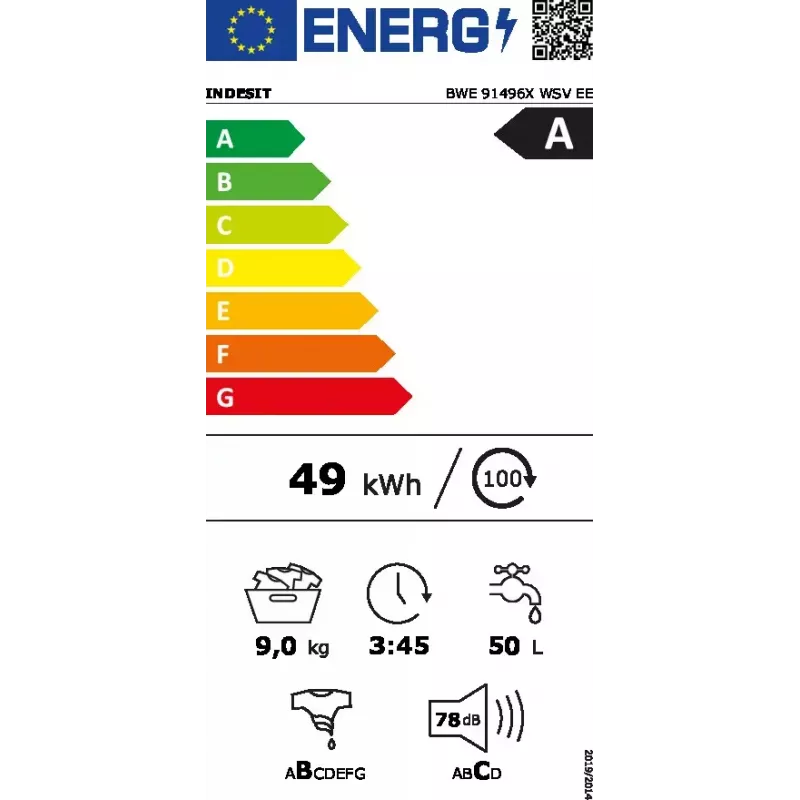 Front-load washing machine Indesit BWE 91496X WSV EE — 9 kg, 1400 RPM, A energy, white