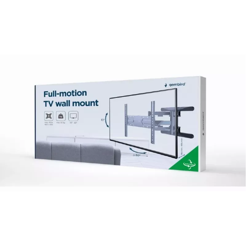 Wall TV mount Gembird WM-80ST-01 Steel for 40–80 inch screens, 50 kg, VESA 100×100–600×400, tilt & swivel