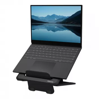 Fellowes Laptop Stand for Desk - Breyta Adjustable Laptop Riser for Home and Office - Portable Laptop Stand with 12 Height Adjustments - Max Laptop Size 14 inch, Max Weight 4KG - Black