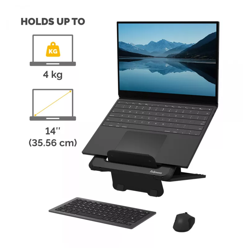 Fellowes Laptop Stand for Desk - Breyta Adjustable Laptop Riser for Home and Office - Portable Laptop Stand with 12 Height Adjustments - Max Laptop Size 14 inch, Max Weight 4KG - Black