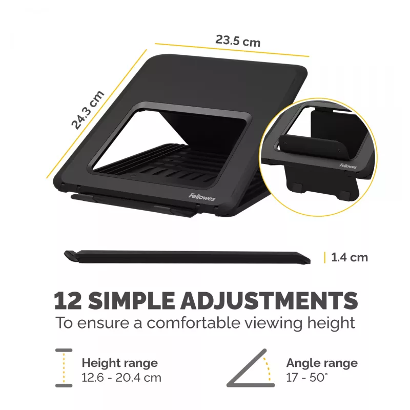 Fellowes Laptop Stand for Desk - Breyta Adjustable Laptop Riser for Home and Office - Portable Laptop Stand with 12 Height Adjustments - Max Laptop Size 14 inch, Max Weight 4KG - Black