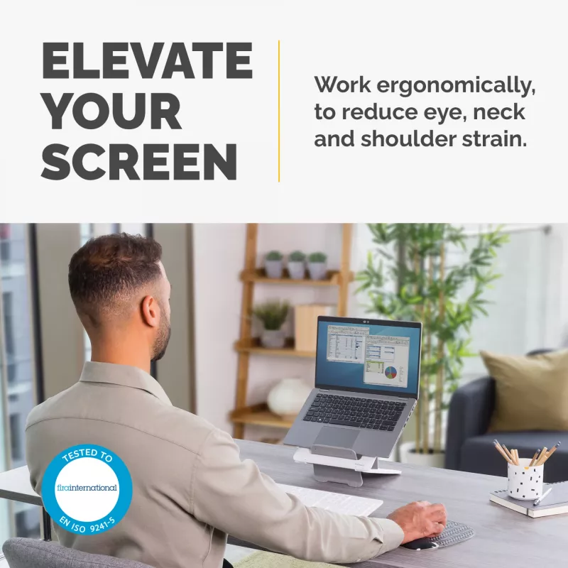 Fellowes Laptop Stand for Desk - Breyta Adjustable Laptop Riser for Home and Office - Portable Laptop Stand with 12 Height Adjustments - Max Laptop Size 14 inch, Max Weight 4KG - White