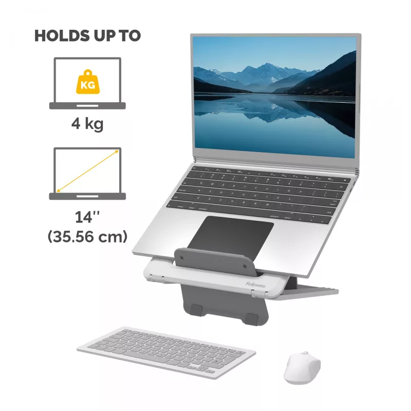 Fellowes Laptop Stand for Desk - Breyta Adjustable Laptop Riser for Home and Office - Portable Laptop Stand with 12 Height Adjustments - Max Laptop Size 14 inch, Max Weight 4KG - White