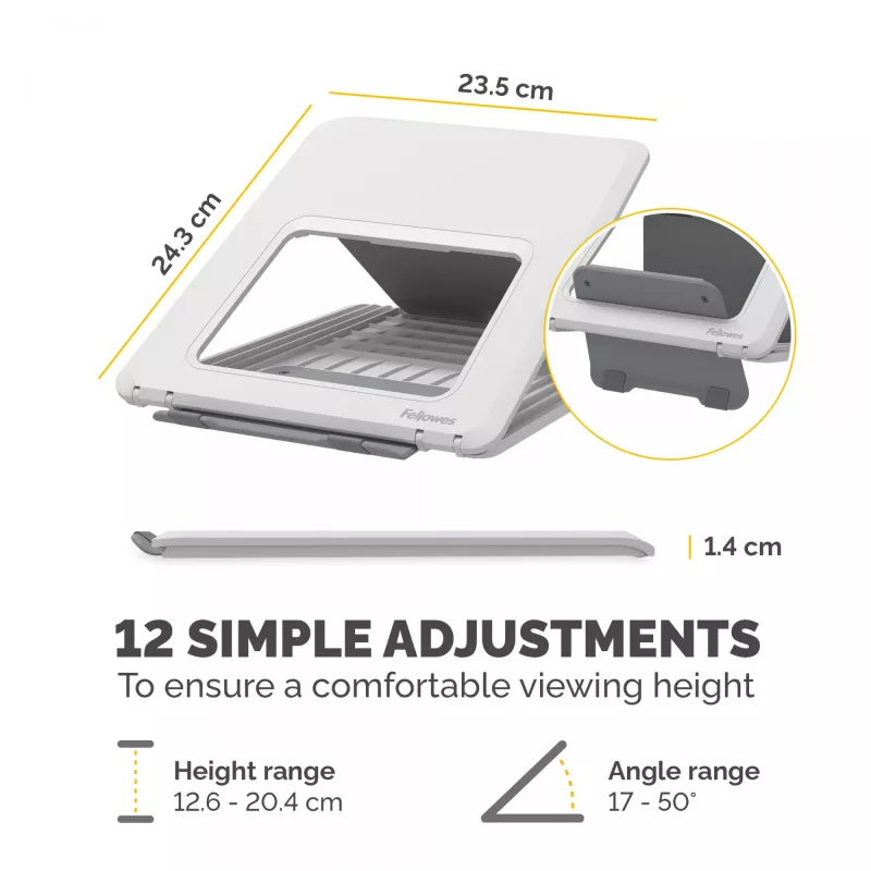 Fellowes Laptop Stand for Desk - Breyta Adjustable Laptop Riser for Home and Office - Portable Laptop Stand with 12 Height Adjustments - Max Laptop Size 14 inch, Max Weight 4KG - White