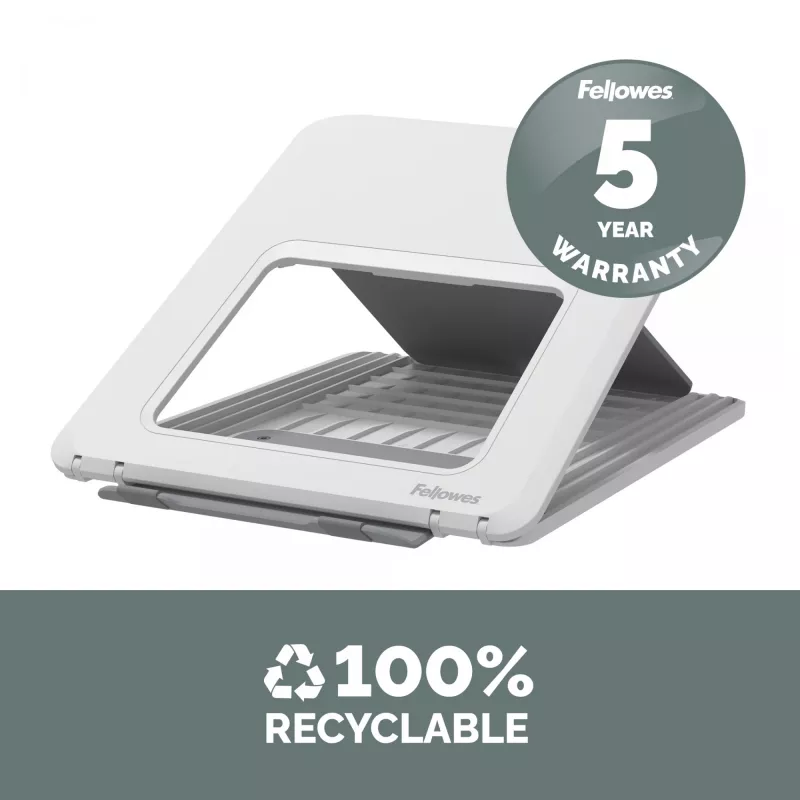 Fellowes Laptop Stand for Desk - Breyta Adjustable Laptop Riser for Home and Office - Portable Laptop Stand with 12 Height Adjustments - Max Laptop Size 14 inch, Max Weight 4KG - White