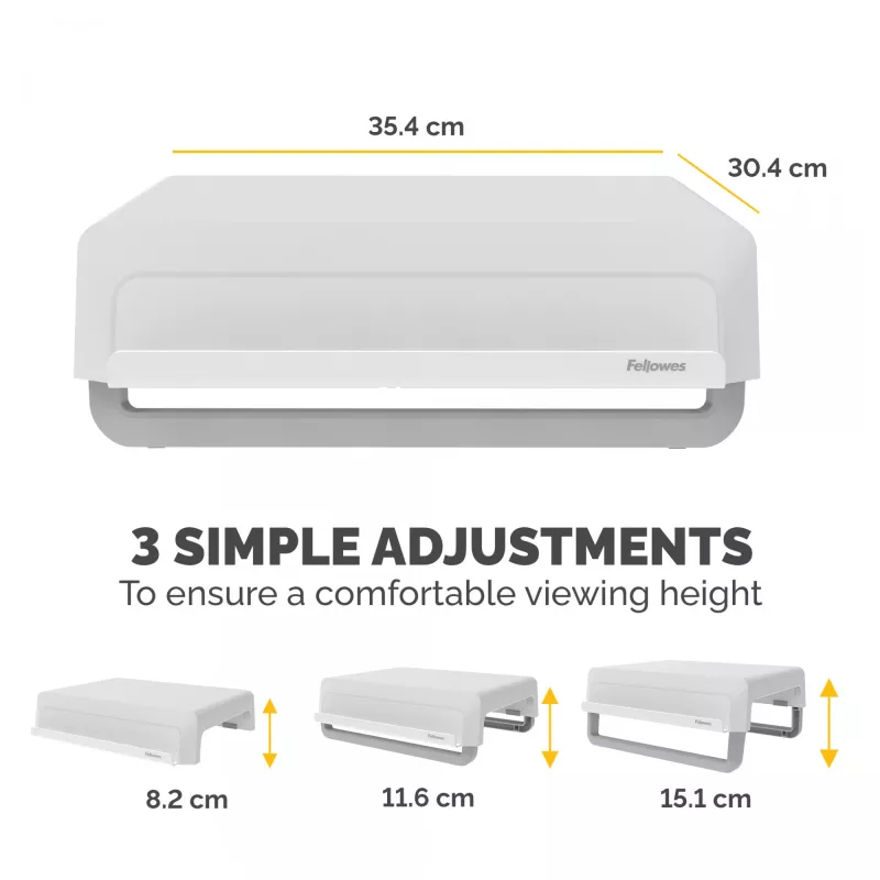 Fellowes Computer Monitor Stand with 3 Height Adjustments - Breyta Monitor Riser with Cable Management - Ergonomic Adjustable Monitor Stand for Computers - Max Weight 15KG - White