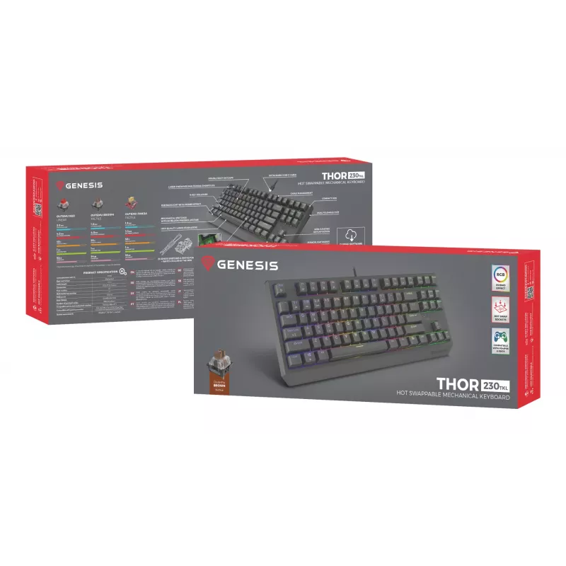 Mechanical gaming keyboard Genesis Thor 230 TKL — Tenkeyless, US QWERTY, Outemu Brown switches, RGB, 1000 Hz, USB