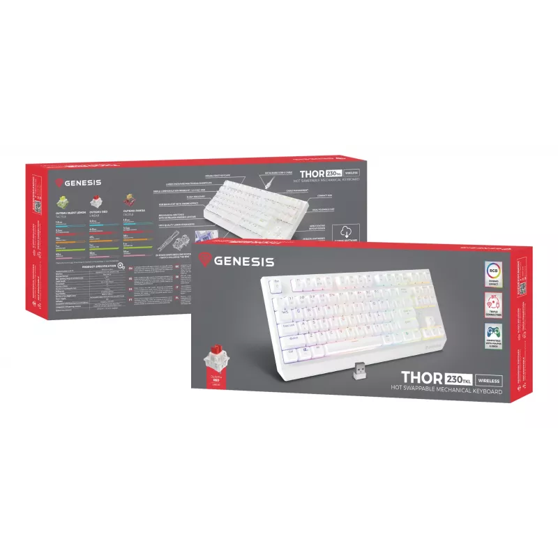 Tenkeyless gaming keyboard GENESIS Thor 230 TKL — USB, RF Wireless, Bluetooth, QWERTY, White