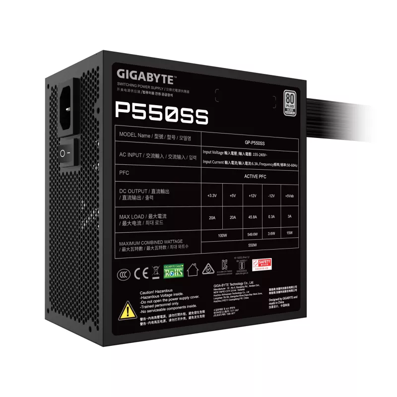 GIGABYTE P550SS Power Supply - PCIe 5.0, 80 PLUS Silver, 120mm Fan, ATX 3.0 compatible, EU Plug