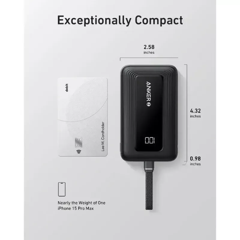 Anker Zolo 10000mAh portable battery, 30W ultra-fast charging, integrated USB-C cable, black