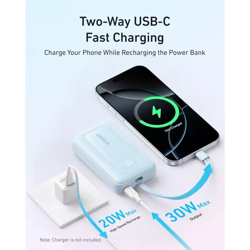 Anker Zolo 10000mAh portable battery, 30W ultra-fast charging, integrated USB-C cable, black