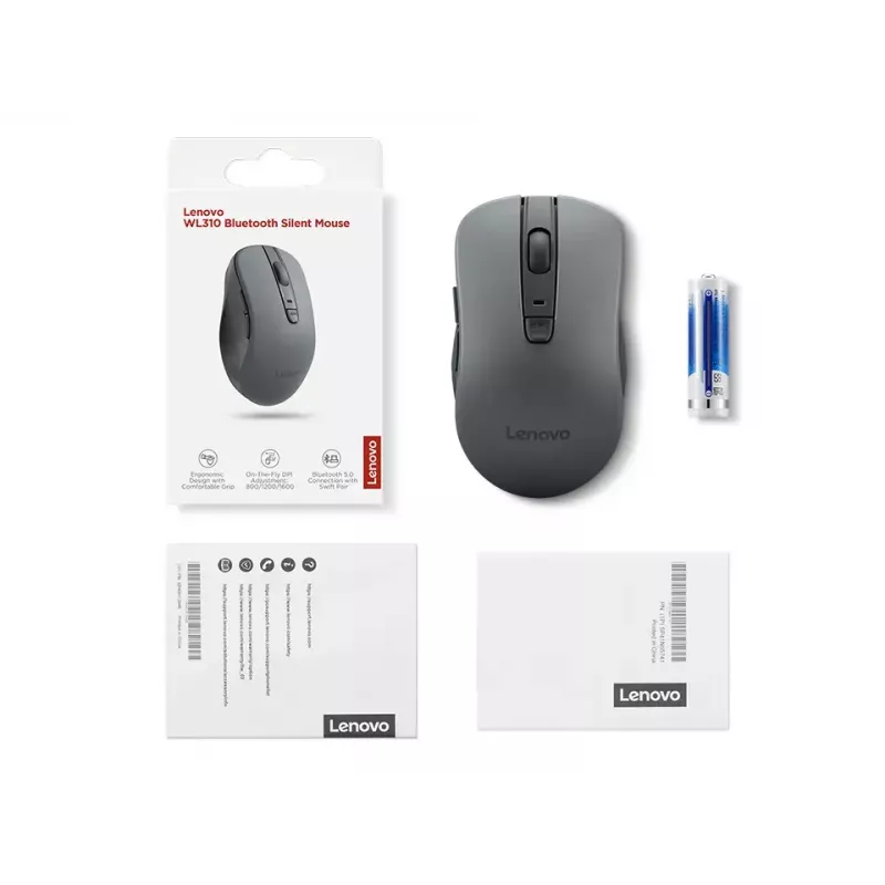 Wireless ambidextrous mouse Lenovo WL310 Office — Bluetooth, Optical 1200 DPI, 6 buttons, wheel, grey, battery-powered