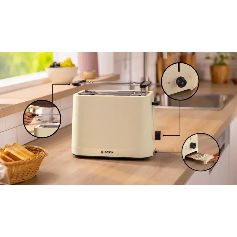 Toaster Bosch Compact TAT3M127 — 2-slot beige plastic housing, compact design