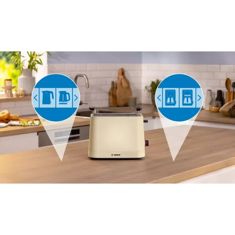 Toaster Bosch Compact TAT3M127 — 2-slot beige plastic housing, compact design