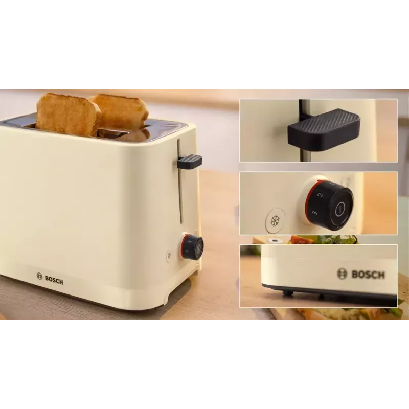Toaster Bosch Compact TAT3M127 — 2-slot beige plastic housing, compact design