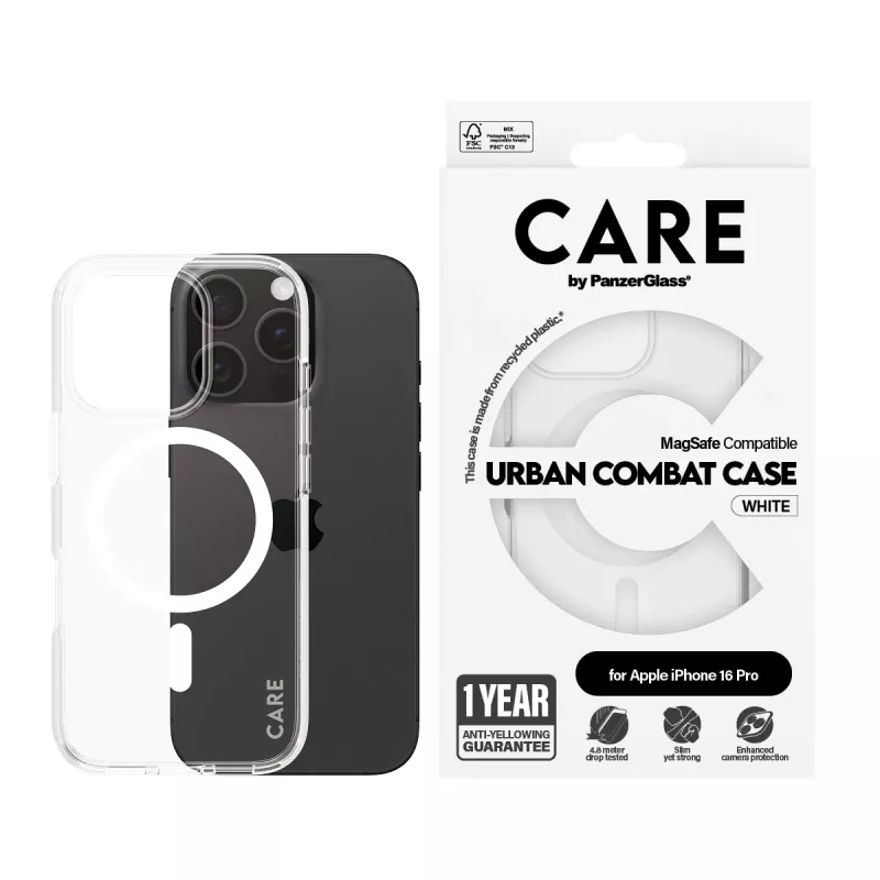 PanzerGlass CARE™ by ® Urban Combat Case Transparent w. White MagSafe iPhone 16 Pro
