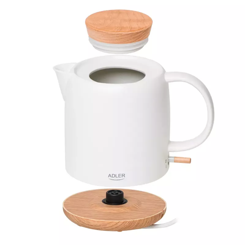 Electric kettle Adler AD 1304 — 1 L, 1200 W, ceramic housing, hinged lid, 360° rotational base, white