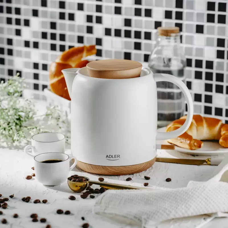 Electric kettle Adler AD 1304 — 1 L, 1200 W, ceramic housing, hinged lid, 360° rotational base, white