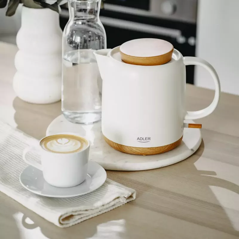 Electric kettle Adler AD 1304 — 1 L, 1200 W, ceramic housing, hinged lid, 360° rotational base, white