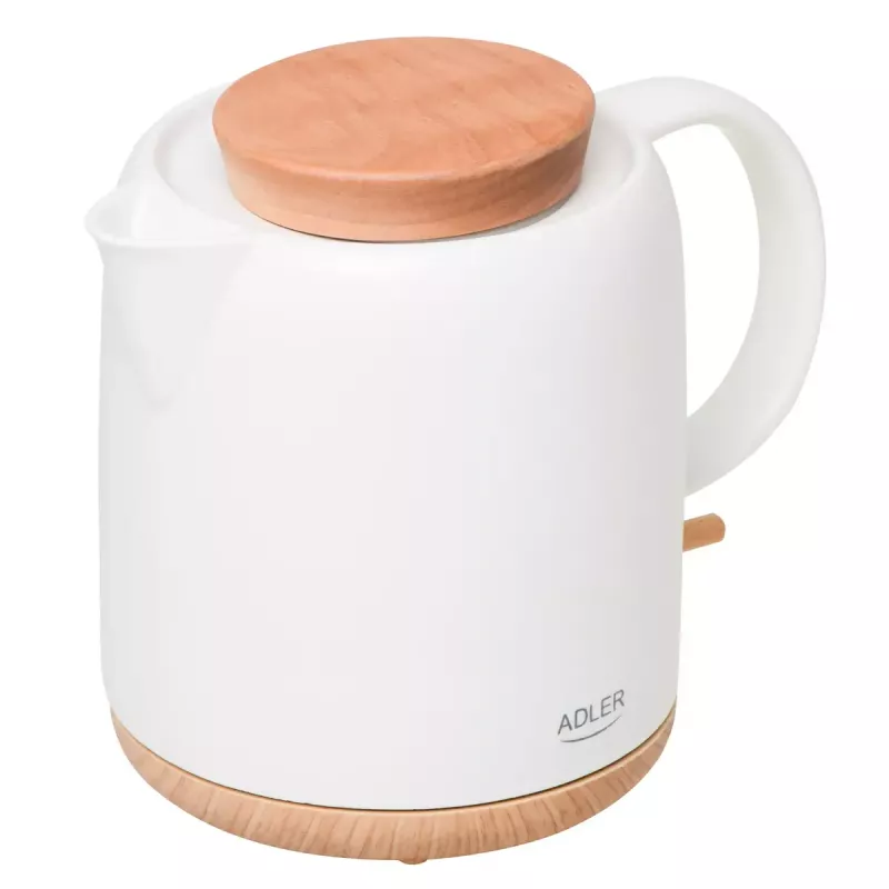 Electric kettle Adler AD 1304 — 1 L, 1200 W, ceramic housing, hinged lid, 360° rotational base, white