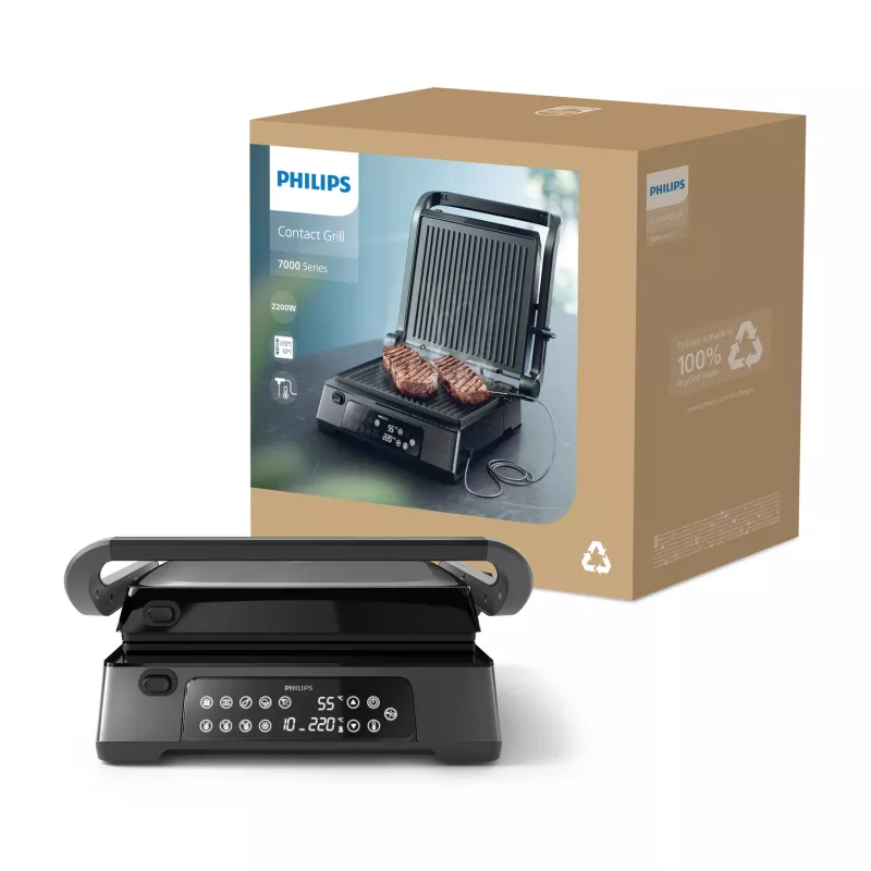 Philips 7000 series Contact Grill, Black, Rectangular, Touch, 220 °C, Hinged lid, Locking lid, 180°